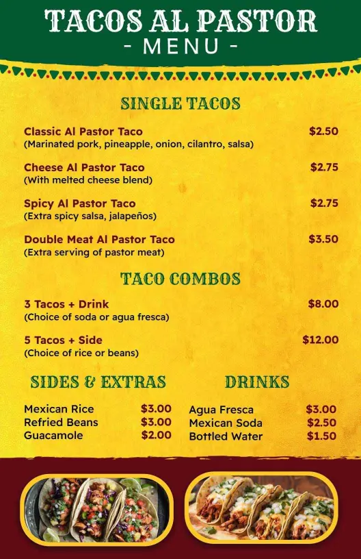 Savory Al Pastor Tacos with Fresh Sides and Drinks Tacos Menu Template