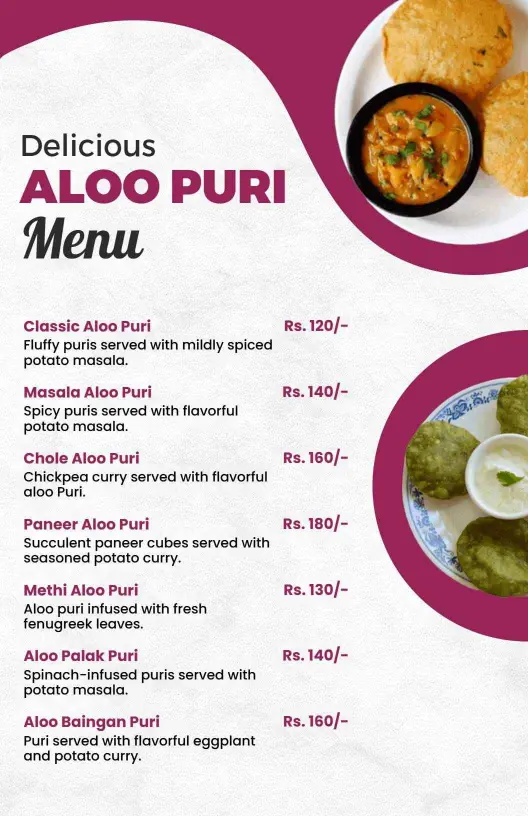 Savory Aloo Puri Varieties with Traditional Indian Flavors Menu Template