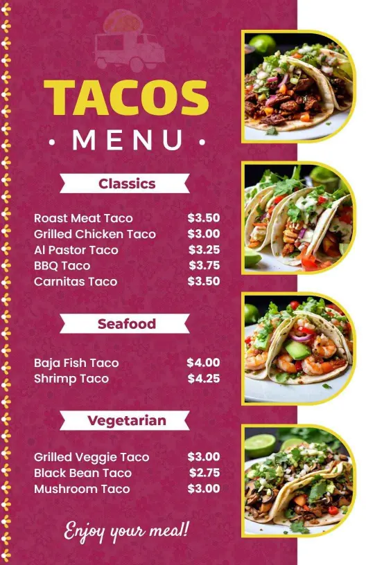 Savory Authentic Tacos Featuring Classics and Seafood Tacos Menu Template