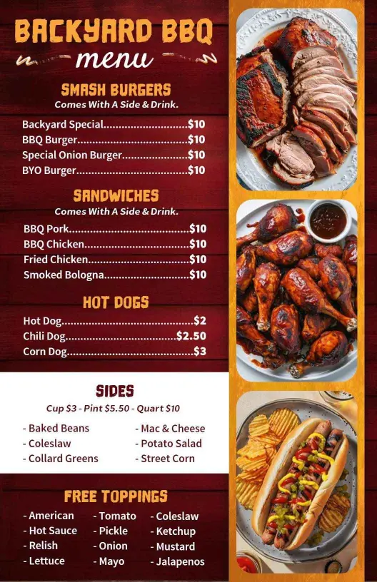 Savory Backyard BBQ Favorites with Hearty Sides BBQ Menu Template