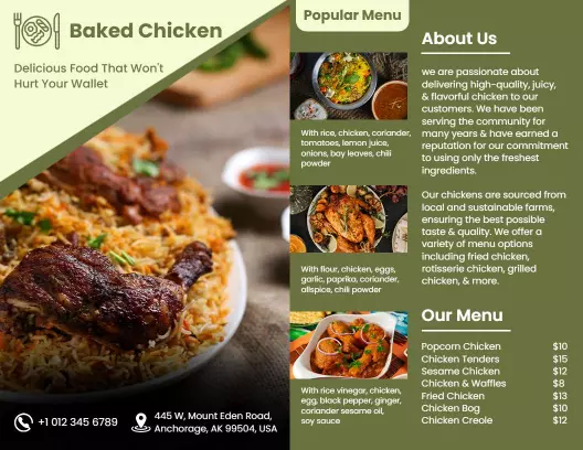 Savory Baked Chicken Menu with Delicious Rice and Sides Brochure Template