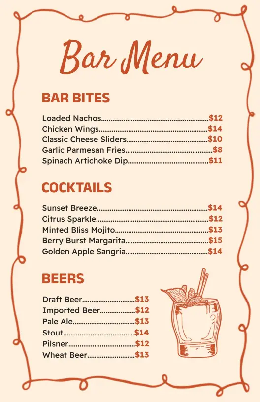 Savory Bar Bites and Refreshing Cocktails for Everyone Bar Menu Template