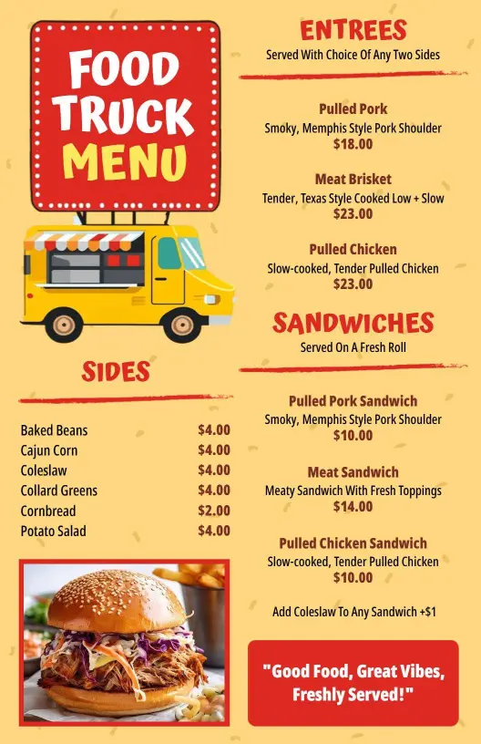 Savory Barbecue Entrées and Sandwiches Delight Food Truck Menu Template