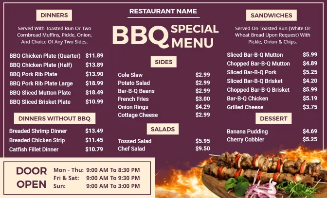 Savory BBQ Chicken, Ribs, and Sandwiches Selection BBQ Menu Template