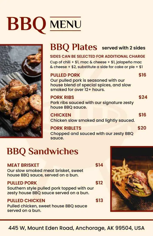 Savory BBQ Plate Selections Featuring Pulled Pork and Ribs Menu Template