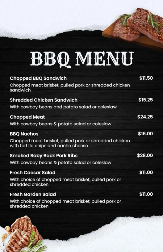 Savory BBQ Ribs and Delicious Chicken Sandwiches BBQ Menu Template