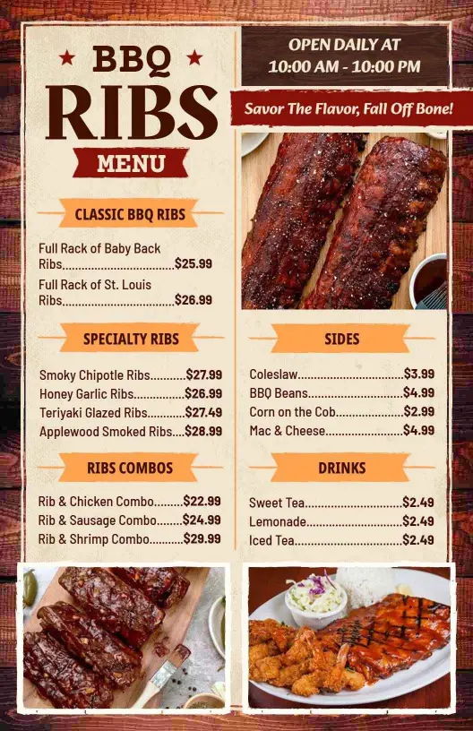 Savory BBQ Ribs and Tasty Sides Featuring Combos BBQ Menu Template