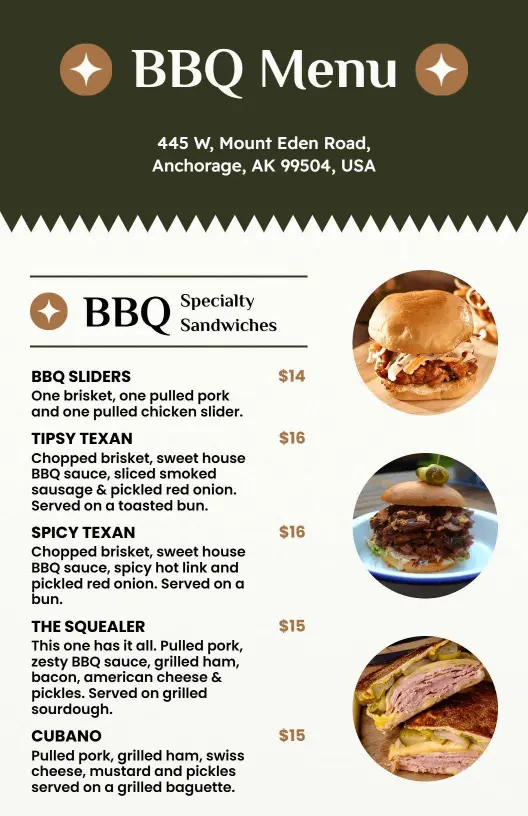 Savory BBQ Specialty Sandwiches with Flavorful Meats BBQ Menu Template