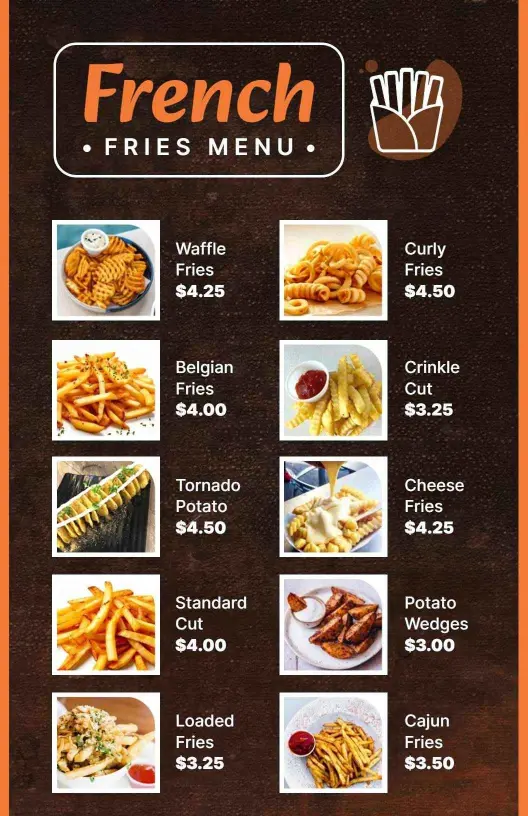 Savory Belgian and Potato Wedges Variety French Fries Menu Template