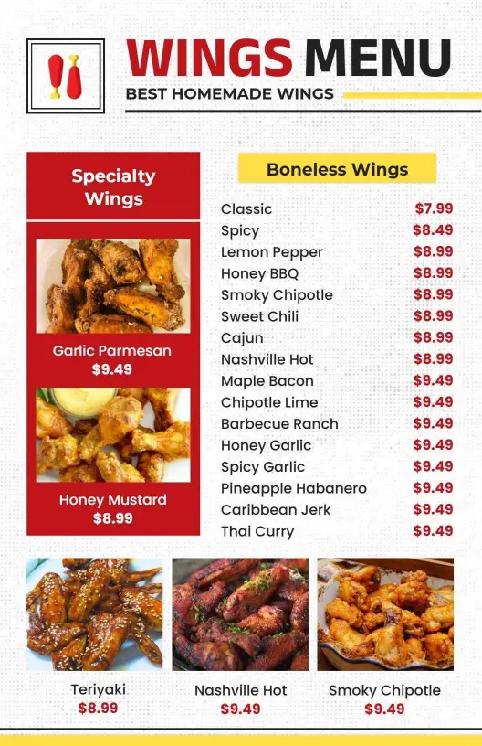 Savory Boneless and Specialty Wings Featuring Flavorful Sauces Chicken Menu Template