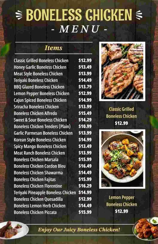 Savory Boneless Chicken Dishes with Delicious Flavors Chicken Menu Template