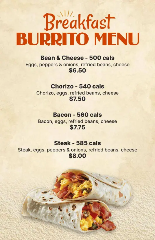 Savory Breakfast Burrito Creations with Fresh Ingredients Menu Template