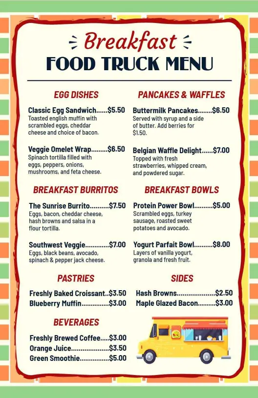 Savory Breakfast Delights and Comfort Food Styles Food Truck Menu Template
