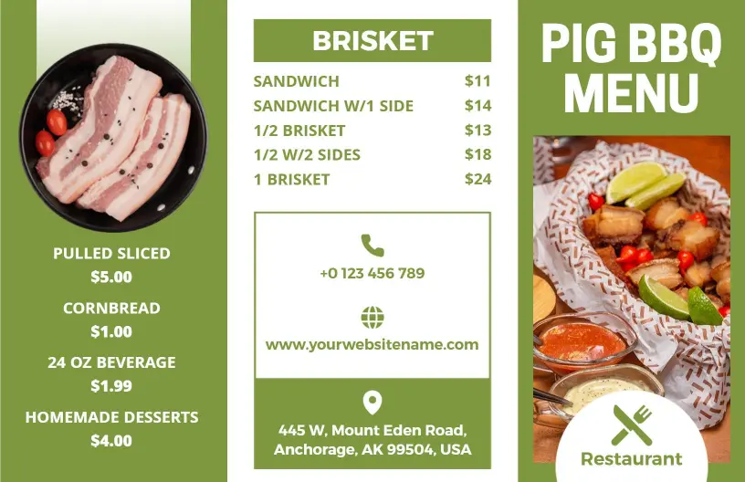 Savory Brisket and Pulled Pork Dishes with Sides BBQ Menu Template