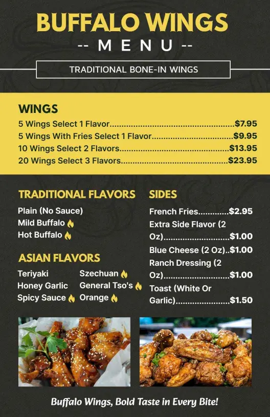 Savory Buffalo Wing Flavors with Crispy Sides Chicken Menu Template