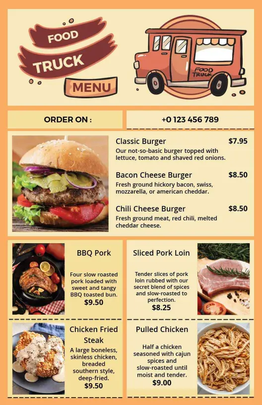 Savory Burgers and Delicious Curries From Our Food Truck Menu Template