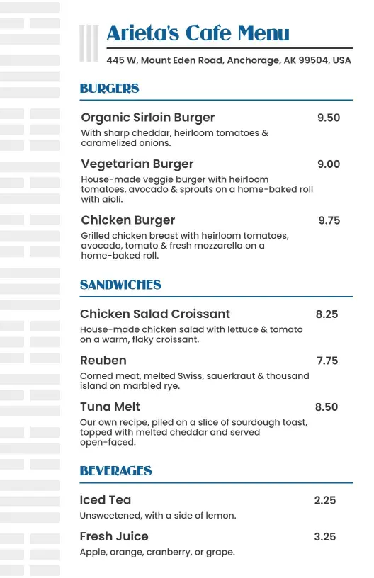 Savory Burgers and Fresh Sandwiches with Beverages Cafe Menu Template
