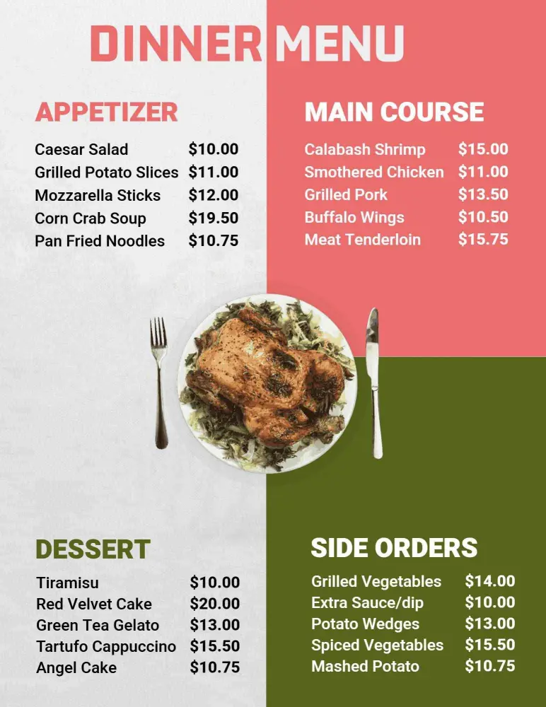 Savory Calabash Shrimp and Grilled Specialties Dinner Menu Template