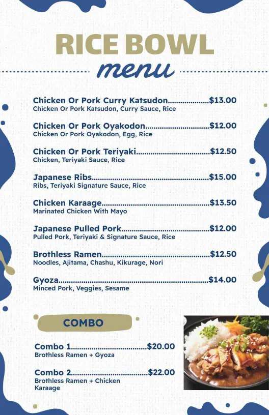 Savory Chicken and Pork Rice Bowl Offerings Delightful Rice Menu Template
