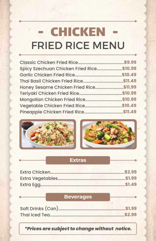 Savory Chicken Fried Rice Dishes and Tasty Extras Rice Menu Template