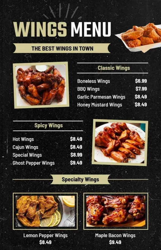 Savory Chicken Wing Varieties with Spicy and Classic Options Menu Template