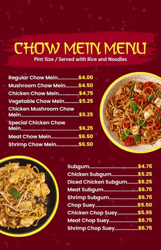 Savory Chow Mein Dishes with Fresh Ingredients Chinese Menu Template