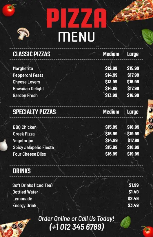 Savory Classic and Specialty Pizza Selections Pizza Menu Template