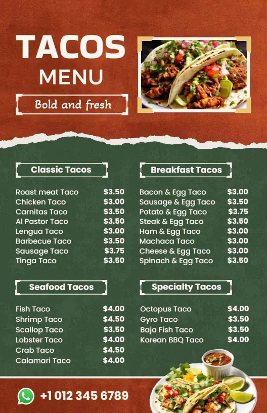 Savory Classic and Specialty Tacos for Every Taste Tacos Menu Template