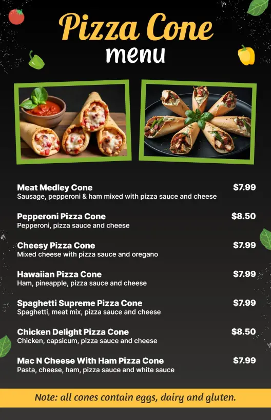 Savory Cone Styles Featuring Diverse Pizza Varieties Pizza Menu Template