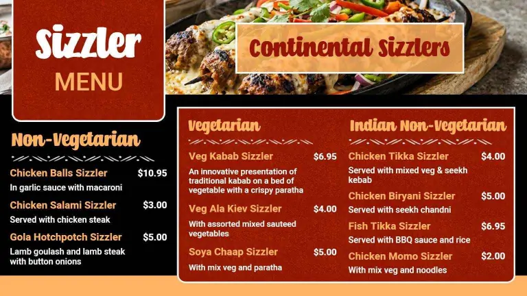 Savory Continental and Indian Fusion Grilled Options Sizzler Menu Template
