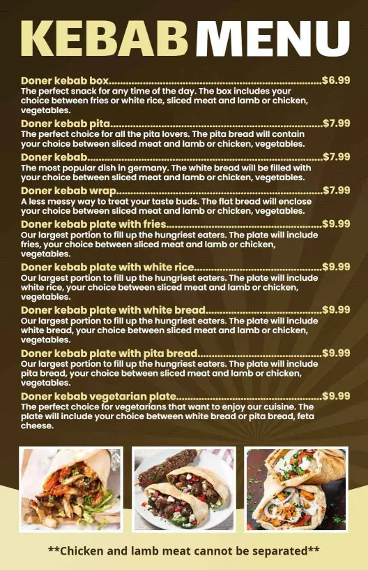 Savory Doner Kebab Wraps with Varied Filling Choices Menu Template