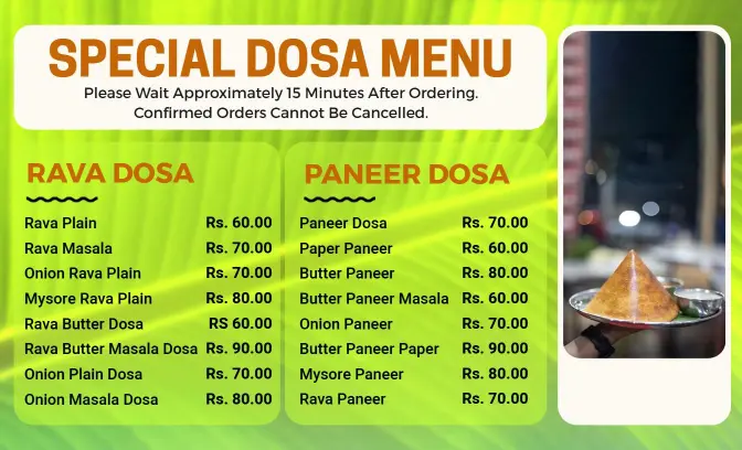 Savory Dosa Varieties with Rich Fillings and Flavors Indian Cuisine Menu Template