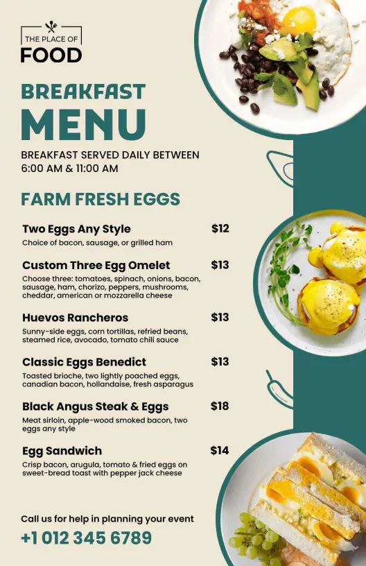 Savory Egg Dishes and Delicious Breakfast Options Breakfast Menu Template