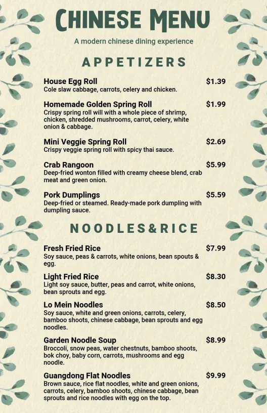 Savory Egg Rolls and Dumplings with Fresh Noodles Chinese Menu Template
