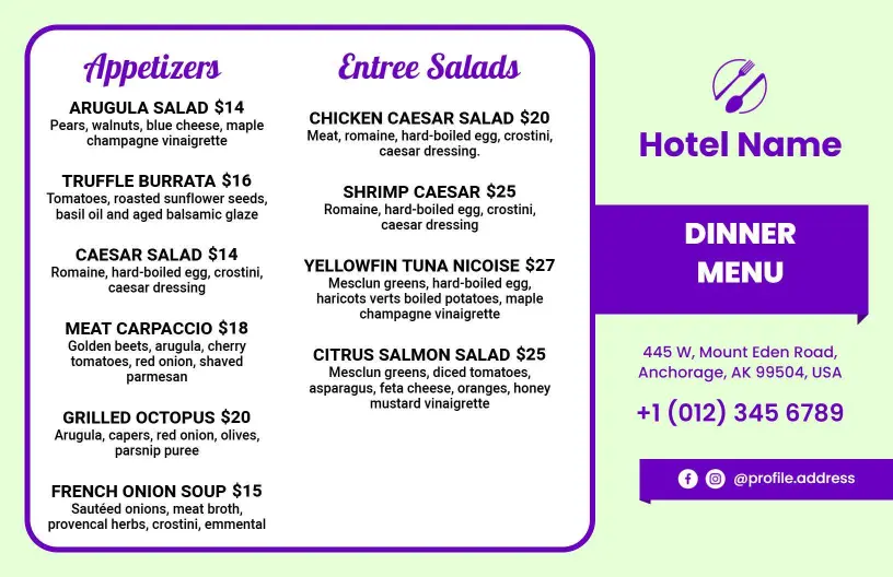 Savory Entrees and Delectable Desserts Dinner Menu Template