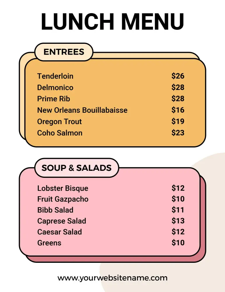 Savory Entrées and Fresh Salad Selections Lunch Menu Template