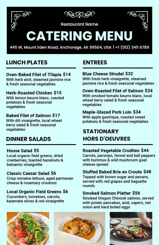 Savory Entrées and Refreshing Salads for Any Event Catering Menu Template