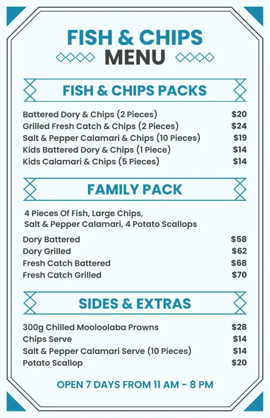 Savory Fish and Chips Packs with Fresh Seafood Delights Menu Template