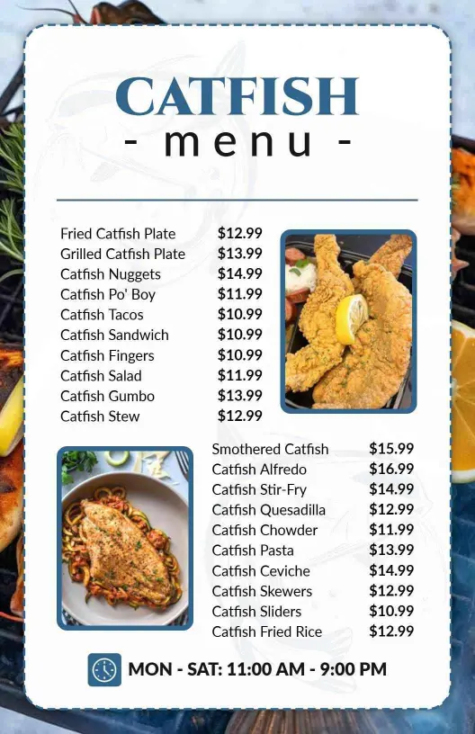 Savory Fried Catfish Dishes and Seafood Favorites Seafood Menu Template