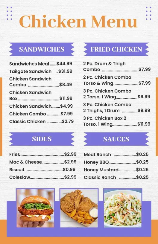 Savory Fried Chicken Selections and Sandwich Delights Chicken Menu Template