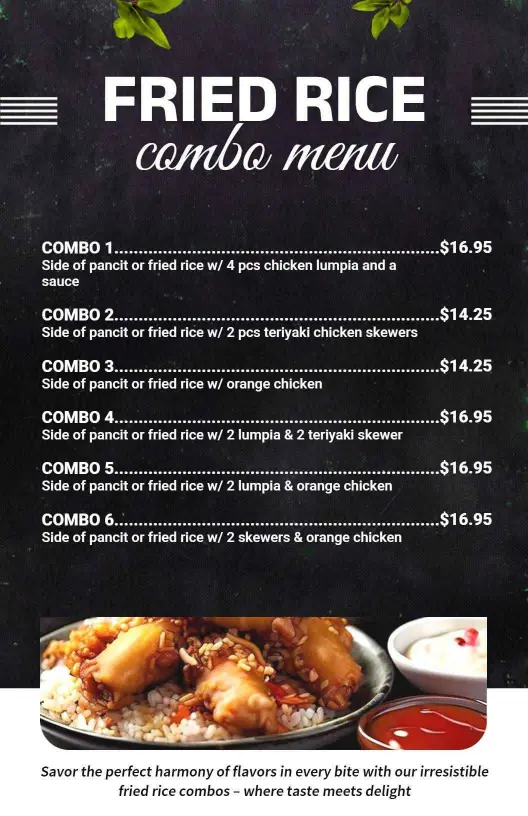 Savory Fried Rice Combos with Skewers and Lumpia Rice Menu Template