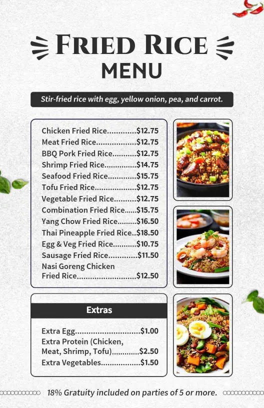Savory Fried Rice Variants with Fresh Ingredients Rice Menu Template
