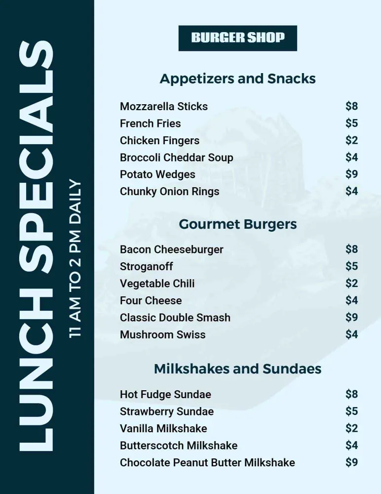 Savory Gourmet Burgers and Tasty Snacks Delight Lunch Menu Template