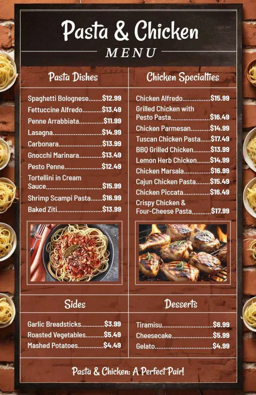 Savory Grilled Chicken Dishes with Pasta Favorites Chicken Menu Template