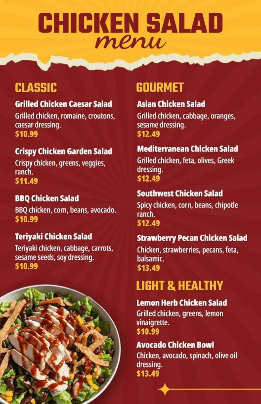 Savory Grilled Chicken Salads with Fresh Ingredients Chicken Menu Template