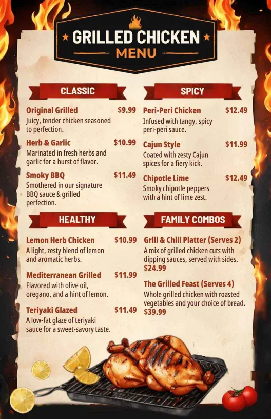 Savory Grilled Chicken Selections with Unique Flavors Chicken Menu Template