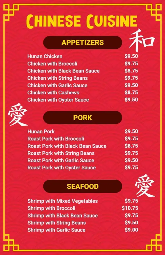 Savory Hunan and Roast Pork Dishes for Authentic Chinese Menu Template