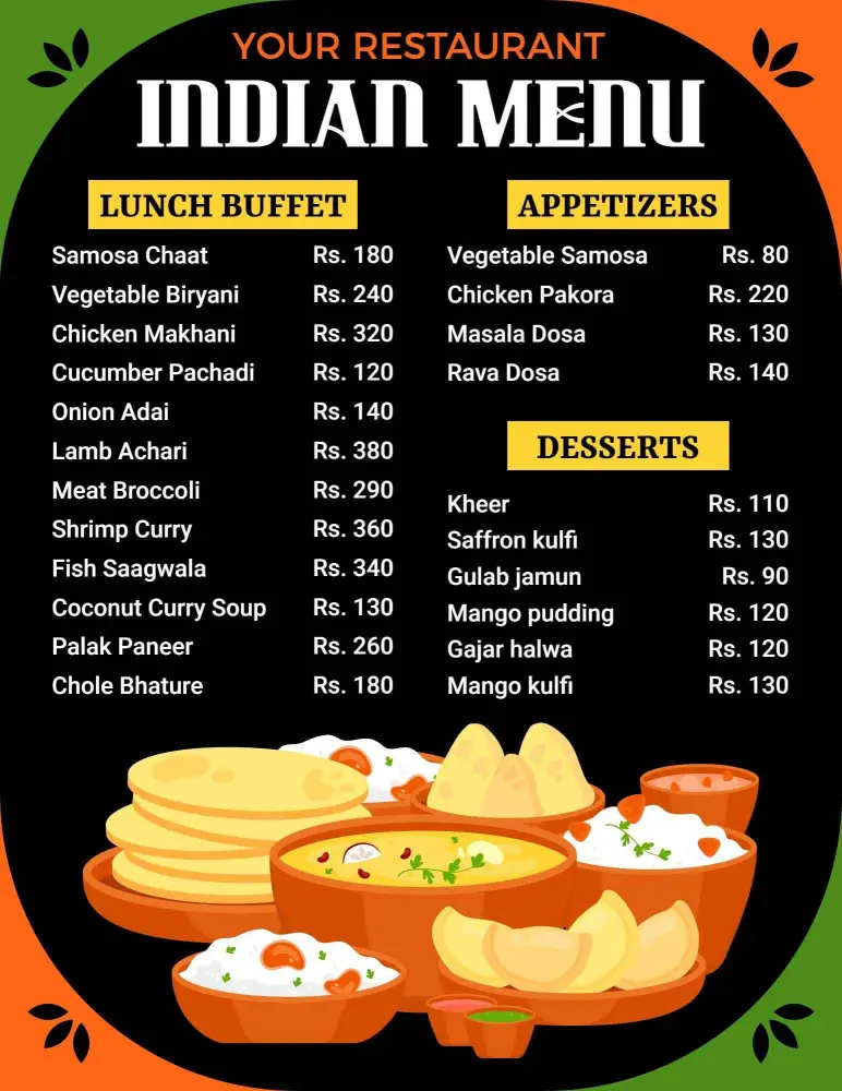 Savory Indian Spices and Traditional Delicacies Indian Cuisine Menu Template