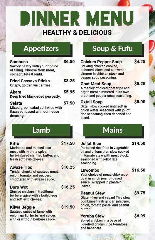 Savory Lamb and Appetizer Delights with Flavorful Soups Dinner Menu Template