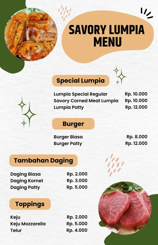 Savory Lumpia and Delicious Burger Selections Food Menu Template